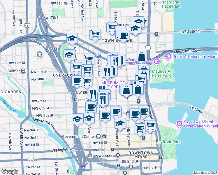 map of restaurants, bars, coffee shops, grocery stores, and more near 800 North Miami Avenue in Miami