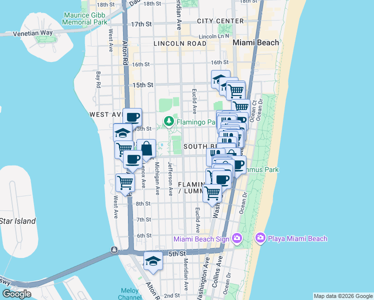 map of restaurants, bars, coffee shops, grocery stores, and more near 739 11th Street in Miami Beach