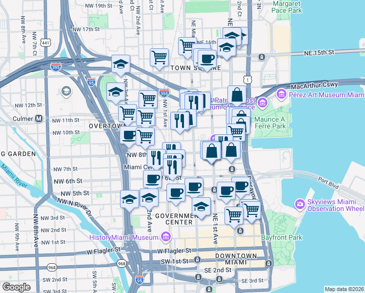 map of restaurants, bars, coffee shops, grocery stores, and more near 800 North Miami Avenue in Miami