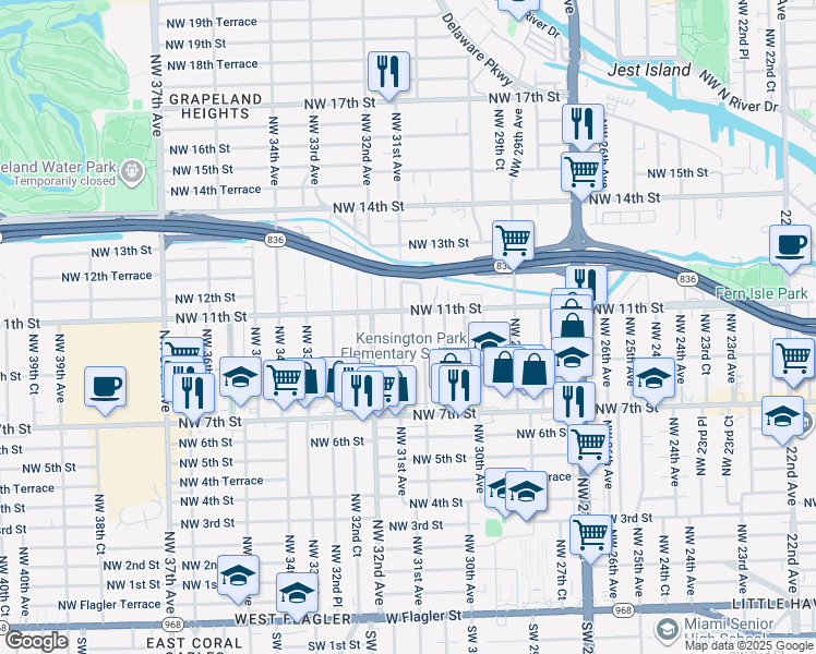 map of restaurants, bars, coffee shops, grocery stores, and more near 955 Northwest 30th Place in Miami