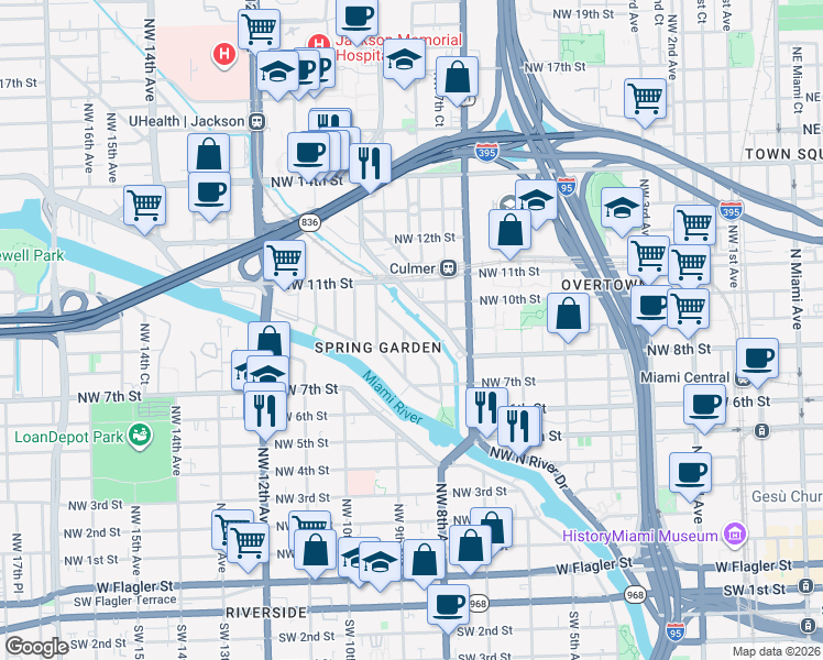 map of restaurants, bars, coffee shops, grocery stores, and more near 828 Northwest 9th Avenue in Miami