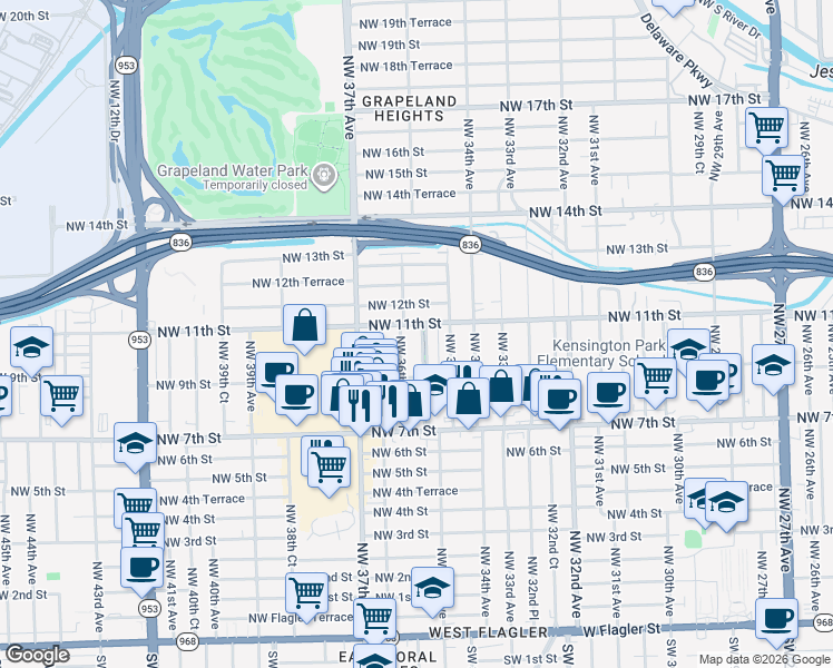 map of restaurants, bars, coffee shops, grocery stores, and more near 1001 Pasco Jose De La Luz Y Caballero Court in Miami