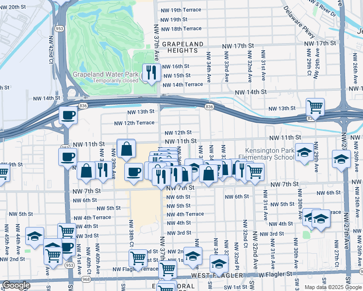 map of restaurants, bars, coffee shops, grocery stores, and more near 1000 Northwest 36th Avenue in Miami