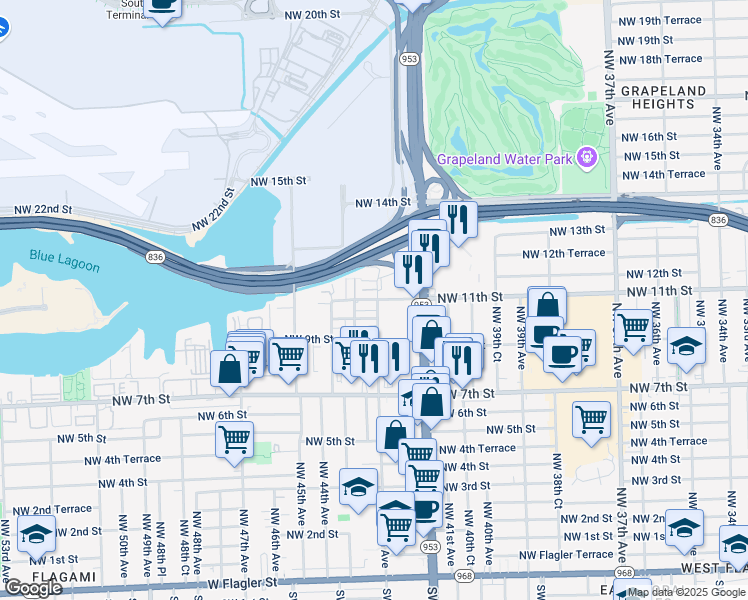 map of restaurants, bars, coffee shops, grocery stores, and more near 4349 Northwest 10th Street in Miami