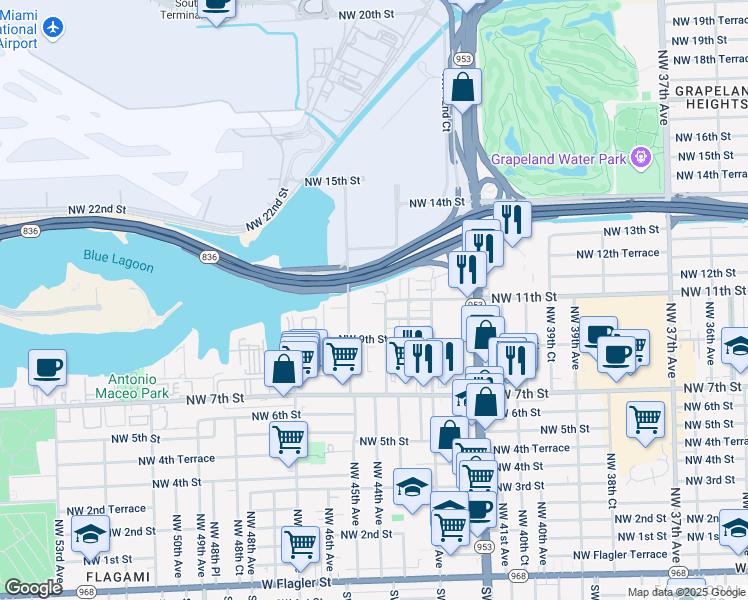map of restaurants, bars, coffee shops, grocery stores, and more near 4393 Northwest 10th Street in Miami