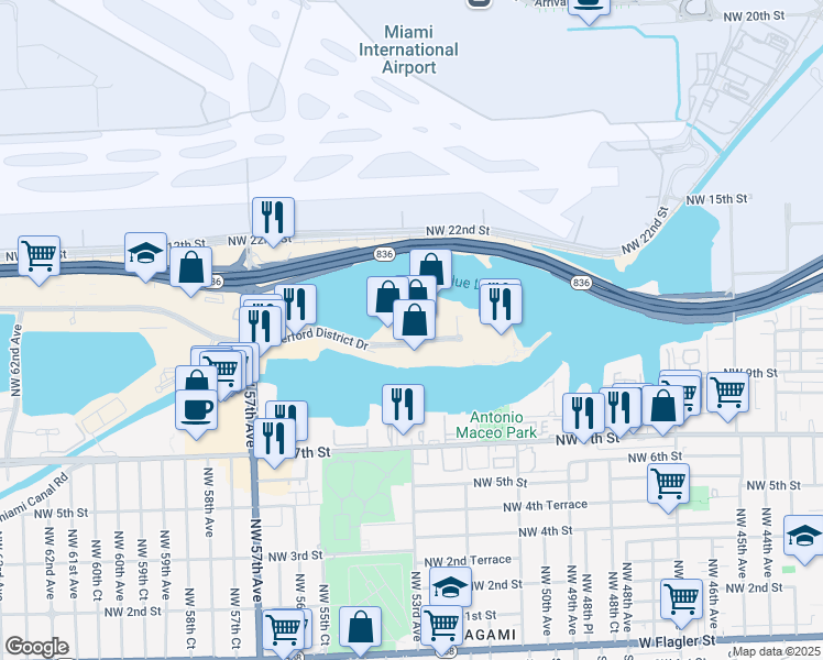 map of restaurants, bars, coffee shops, grocery stores, and more near 5202 Blue Lagoon Drive in Miami