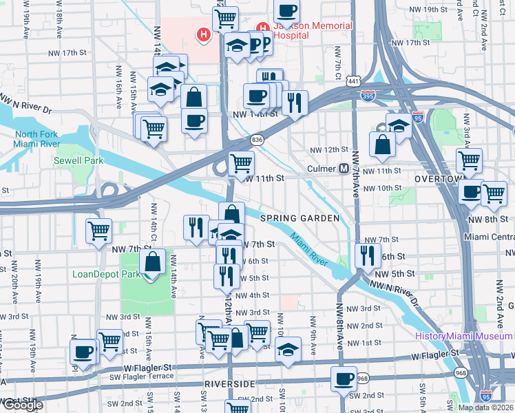 map of restaurants, bars, coffee shops, grocery stores, and more near 1090 Northwest North River Drive in Miami