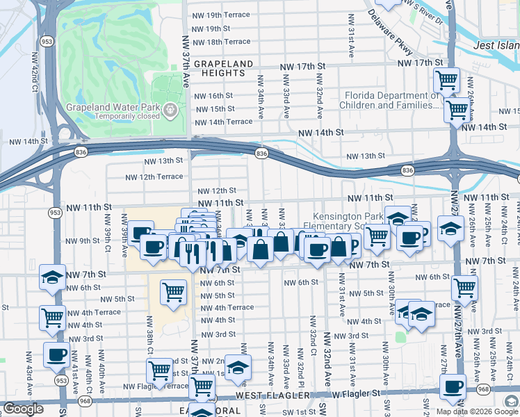 map of restaurants, bars, coffee shops, grocery stores, and more near 934 Northwest 34th Avenue in Miami