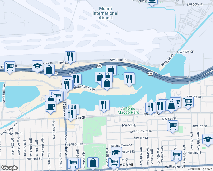 map of restaurants, bars, coffee shops, grocery stores, and more near 5301 Blue Lagoon Drive in Miami