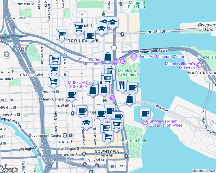 map of restaurants, bars, coffee shops, grocery stores, and more near in Miami