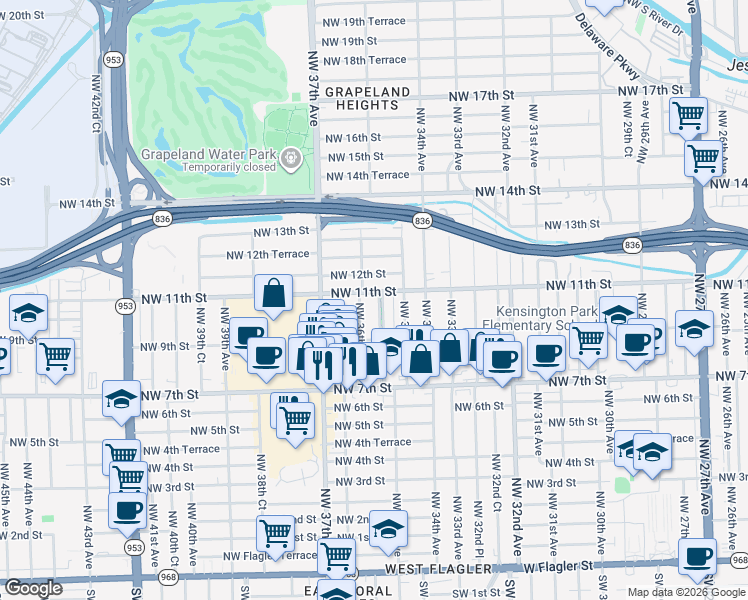 map of restaurants, bars, coffee shops, grocery stores, and more near 1001 Pasco Jose De La Luz Y Caballero Court in Miami