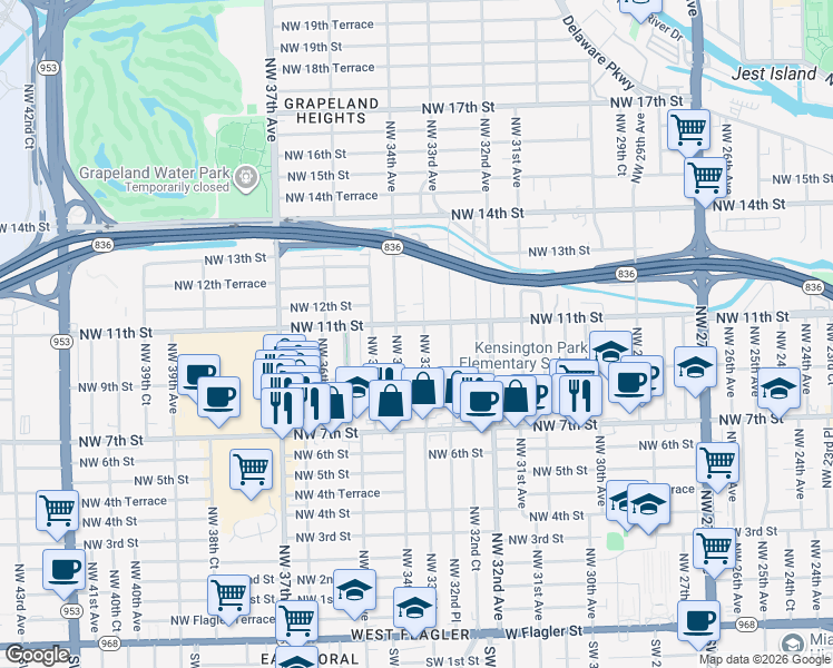 map of restaurants, bars, coffee shops, grocery stores, and more near 1021 Northwest 33rd Avenue in Miami