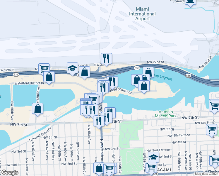 map of restaurants, bars, coffee shops, grocery stores, and more near 5505 Blue Lagoon Drive in Miami
