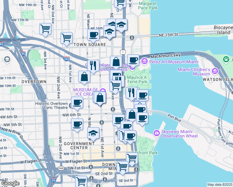map of restaurants, bars, coffee shops, grocery stores, and more near in Miami