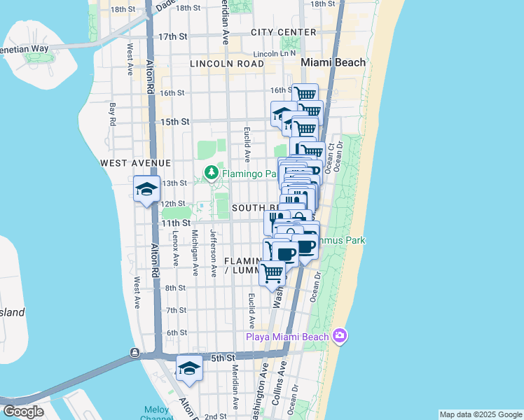 map of restaurants, bars, coffee shops, grocery stores, and more near in Miami Beach