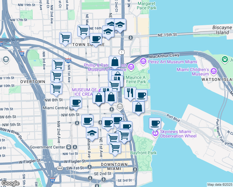 map of restaurants, bars, coffee shops, grocery stores, and more near in Miami