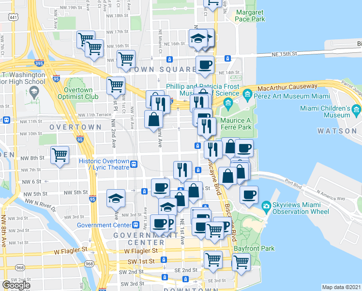 map of restaurants, bars, coffee shops, grocery stores, and more near 135 Northeast 8th Street in Homestead