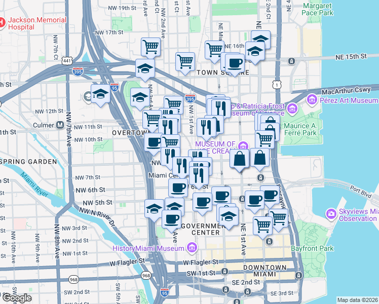 map of restaurants, bars, coffee shops, grocery stores, and more near in Miami