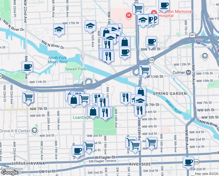 map of restaurants, bars, coffee shops, grocery stores, and more near 1389 Northwest 7th Street in Miami