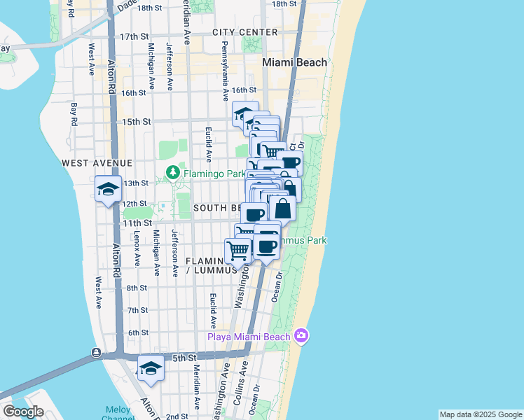 map of restaurants, bars, coffee shops, grocery stores, and more near 1100 Collins Avenue in Miami Beach