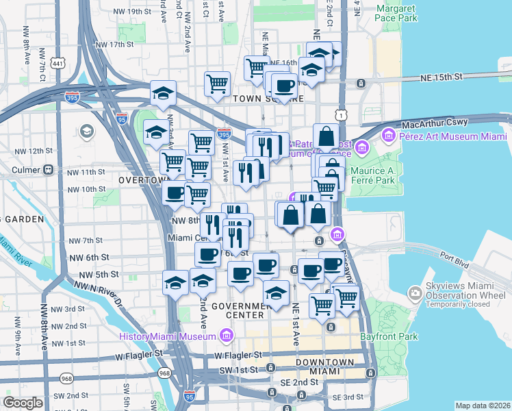 map of restaurants, bars, coffee shops, grocery stores, and more near 850 North Miami Avenue in Miami