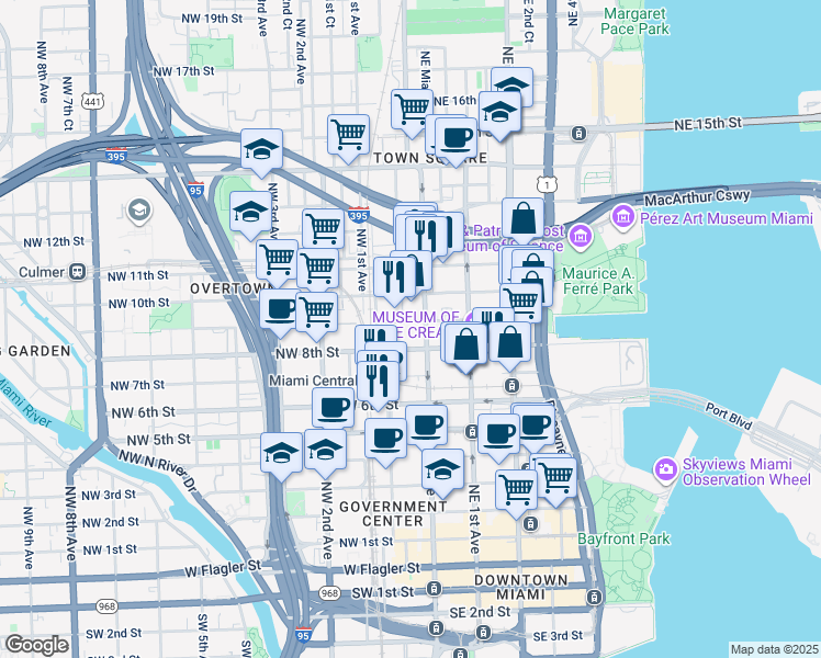 map of restaurants, bars, coffee shops, grocery stores, and more near 800 North Miami Avenue in Miami