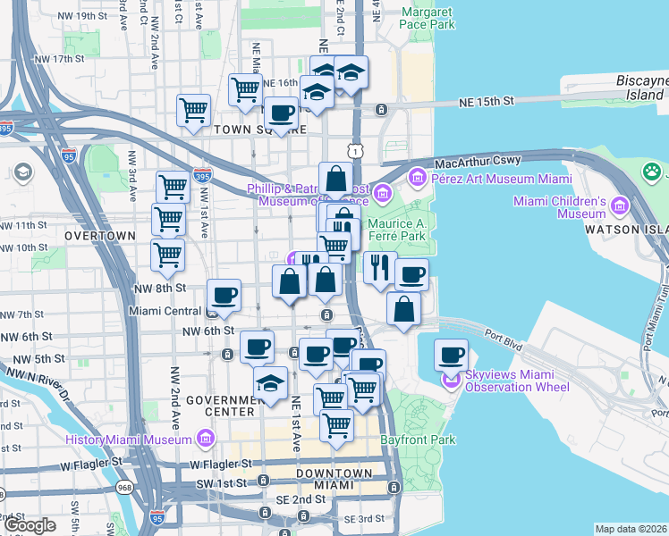 map of restaurants, bars, coffee shops, grocery stores, and more near in Miami