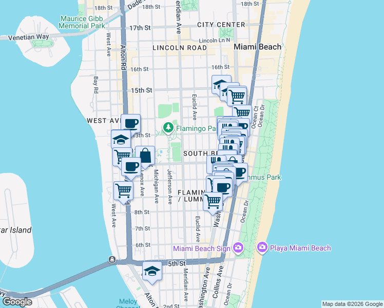 map of restaurants, bars, coffee shops, grocery stores, and more near 739 11th Street in Miami Beach