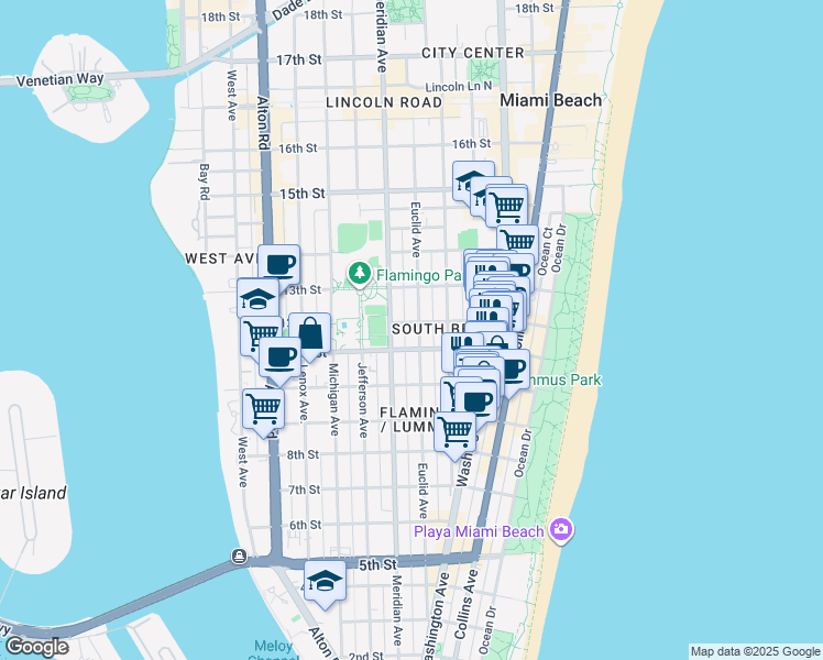 map of restaurants, bars, coffee shops, grocery stores, and more near 1150 Euclid Avenue in Miami Beach