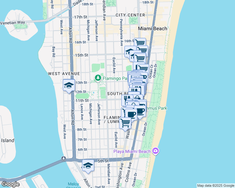 map of restaurants, bars, coffee shops, grocery stores, and more near in Miami Beach