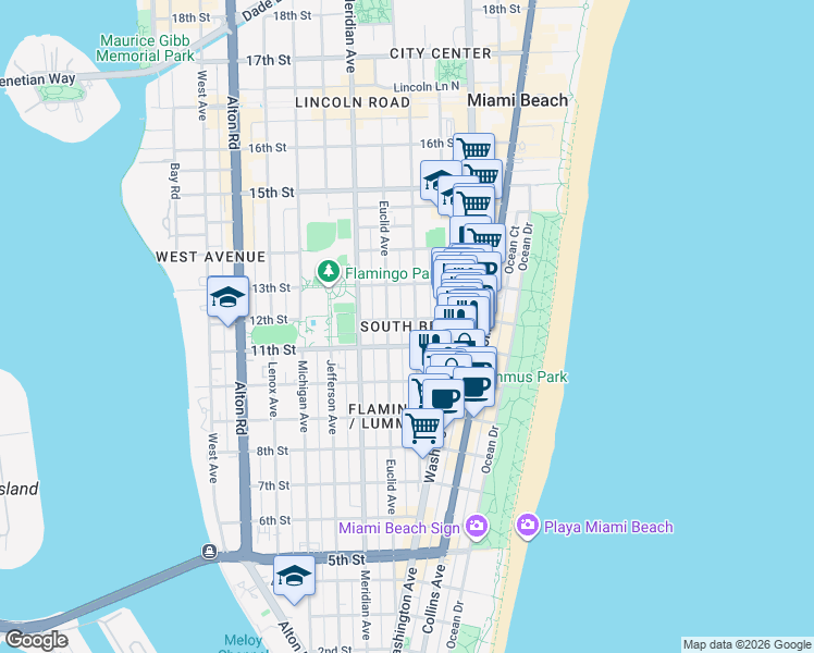 map of restaurants, bars, coffee shops, grocery stores, and more near in Miami Beach