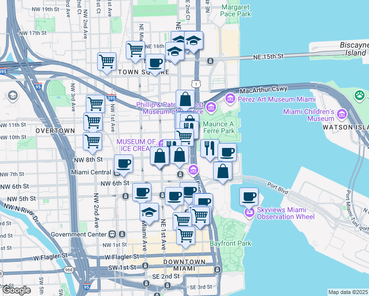 map of restaurants, bars, coffee shops, grocery stores, and more near in Miami