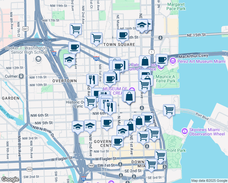 map of restaurants, bars, coffee shops, grocery stores, and more near 800 North Miami Avenue in Miami
