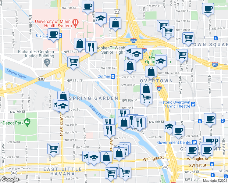 map of restaurants, bars, coffee shops, grocery stores, and more near 821 Northwest 7th Street Road in Miami