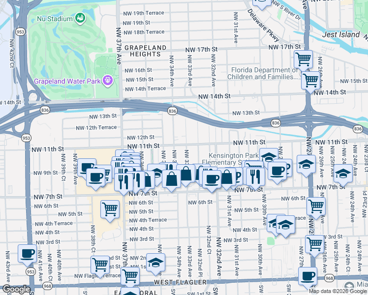 map of restaurants, bars, coffee shops, grocery stores, and more near 1021 Northwest 33rd Avenue in Miami