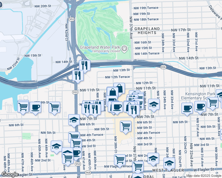 map of restaurants, bars, coffee shops, grocery stores, and more near 3800-3898 NW 11th St in Miami