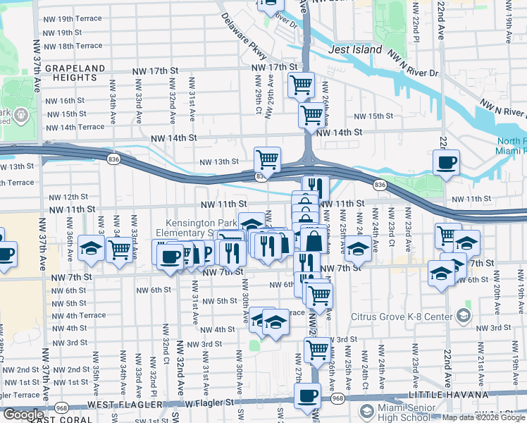 map of restaurants, bars, coffee shops, grocery stores, and more near 1012 Northwest 29th Avenue in Miami