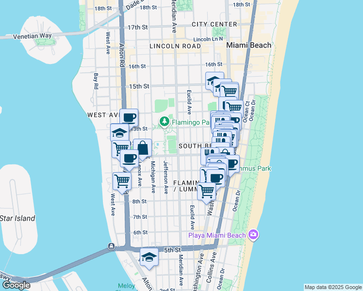 map of restaurants, bars, coffee shops, grocery stores, and more near 739 11th Street in Miami Beach