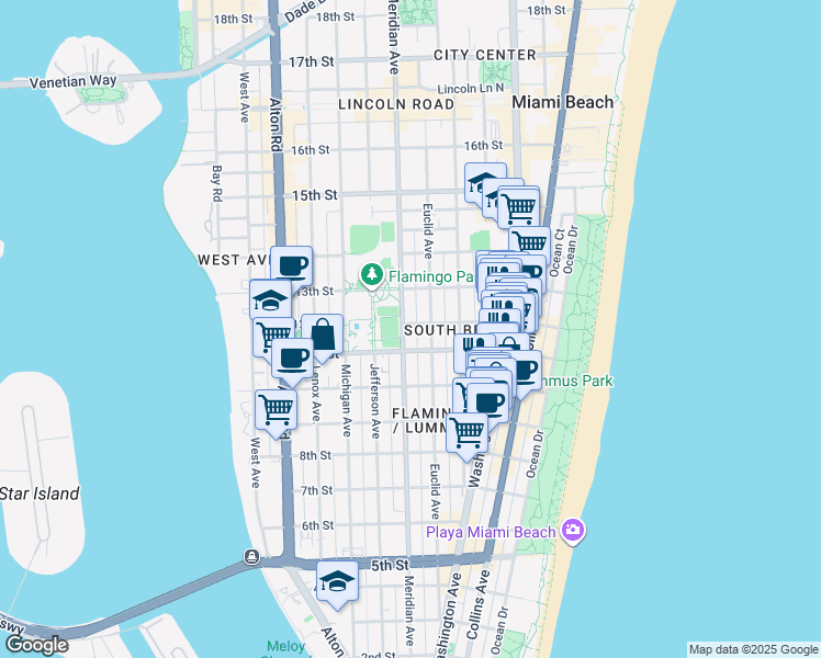 map of restaurants, bars, coffee shops, grocery stores, and more near 739 11th Street in Miami Beach