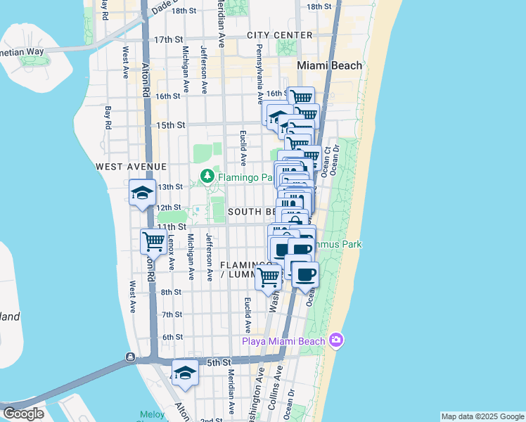 map of restaurants, bars, coffee shops, grocery stores, and more near in Miami Beach