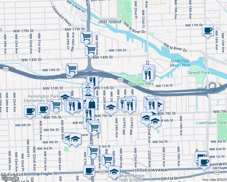 map of restaurants, bars, coffee shops, grocery stores, and more near 943 Northwest 24th Court in Miami