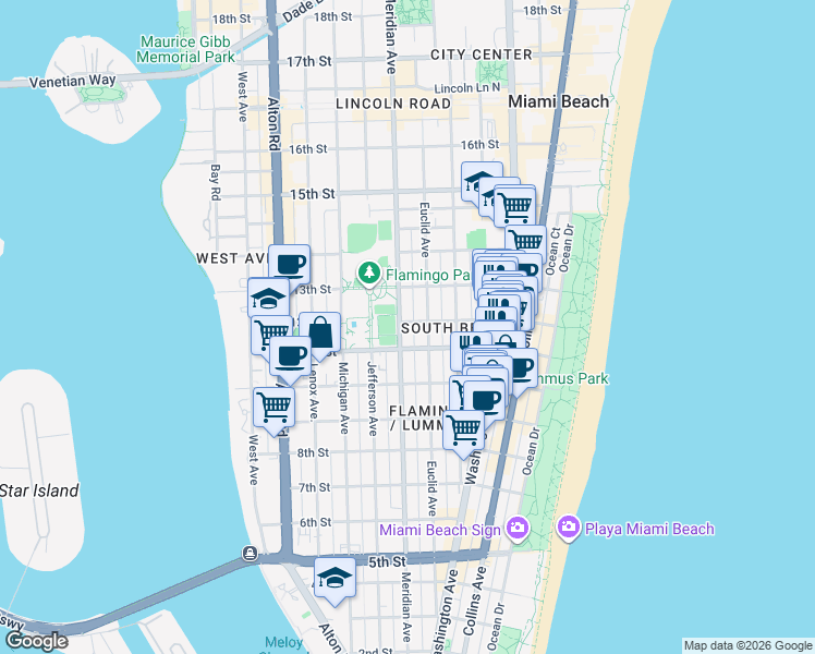 map of restaurants, bars, coffee shops, grocery stores, and more near 739 11th Street in Miami Beach