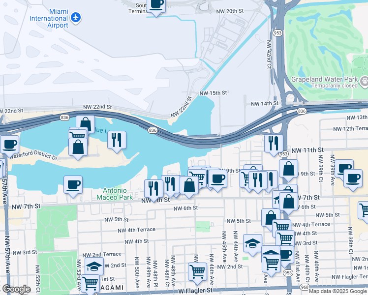 map of restaurants, bars, coffee shops, grocery stores, and more near 998 Northwest 47th Avenue in Miami