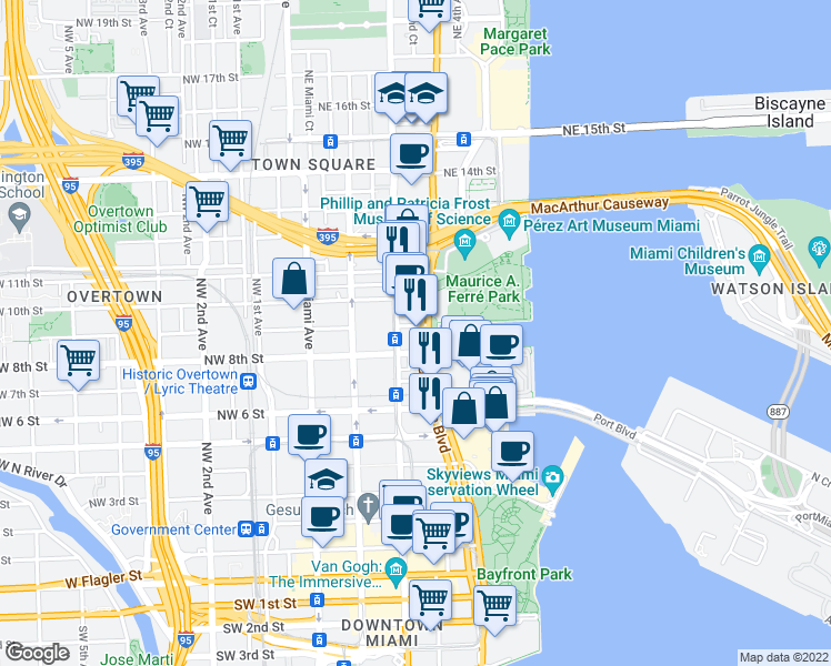 map of restaurants, bars, coffee shops, grocery stores, and more near 242 Northeast 8th Street in Miami