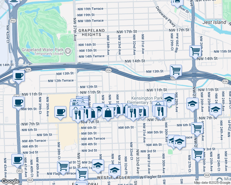 map of restaurants, bars, coffee shops, grocery stores, and more near 1021 Northwest 33rd Avenue in Miami