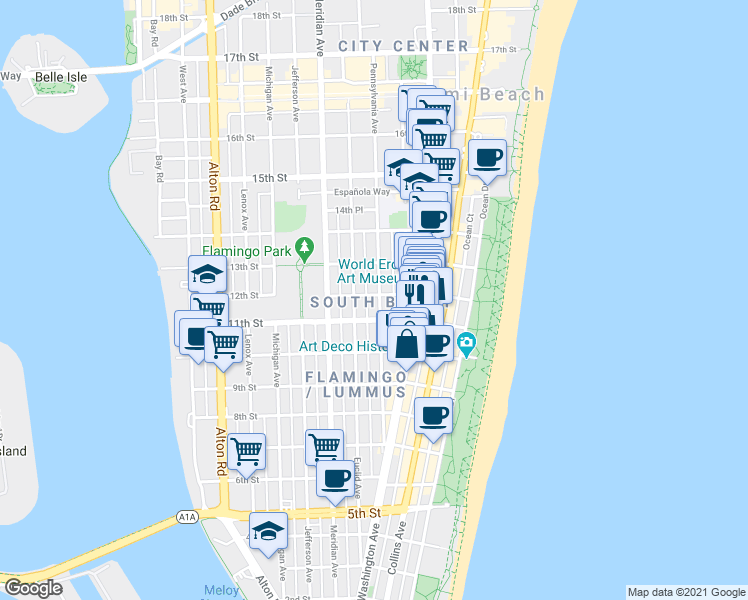 map of restaurants, bars, coffee shops, grocery stores, and more near in Miami Beach