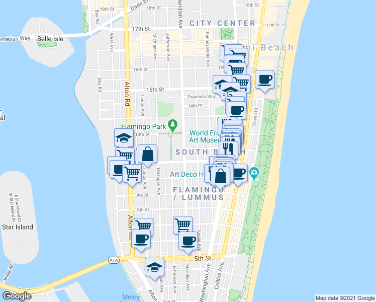 map of restaurants, bars, coffee shops, grocery stores, and more near 739 11th Street in Miami Beach