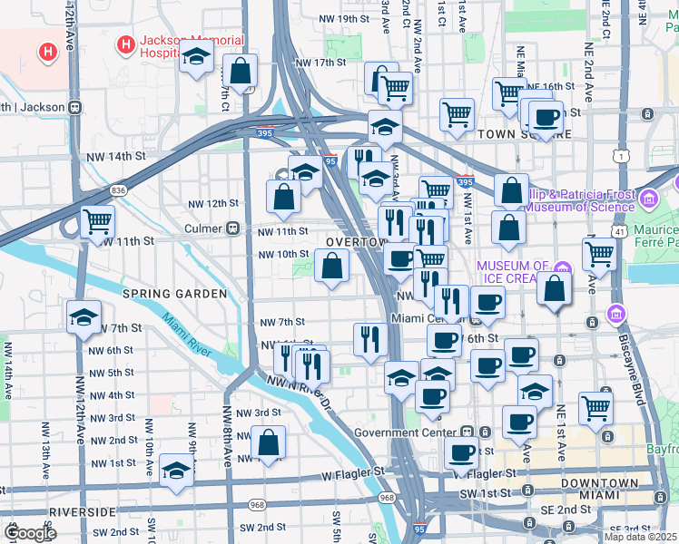 map of restaurants, bars, coffee shops, grocery stores, and more near in Miami