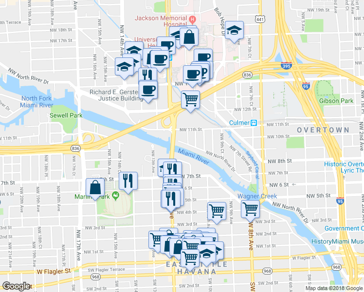 map of restaurants, bars, coffee shops, grocery stores, and more near 1151 Northwest South River Drive in Miami