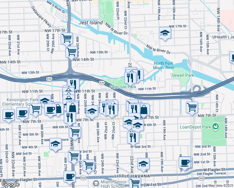map of restaurants, bars, coffee shops, grocery stores, and more near 926 Northwest 23rd Avenue in Miami